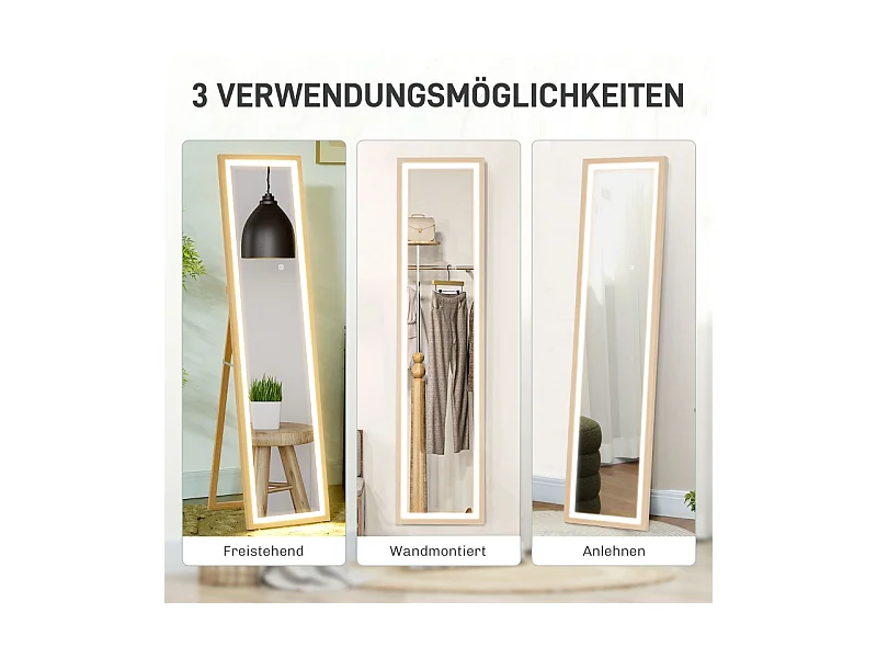 Miroir corporel avec LED, 3 couleurs de lumière, miroir mural avec commande tactile, miroir sur pied, chêne (40x5x160 cm)