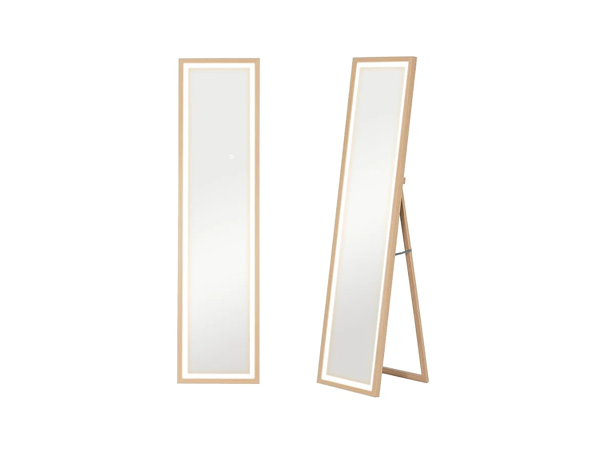 Miroir corporel avec LED, 3 couleurs de lumière, miroir mural avec commande tactile, miroir sur pied, chêne (40x5x160 cm)