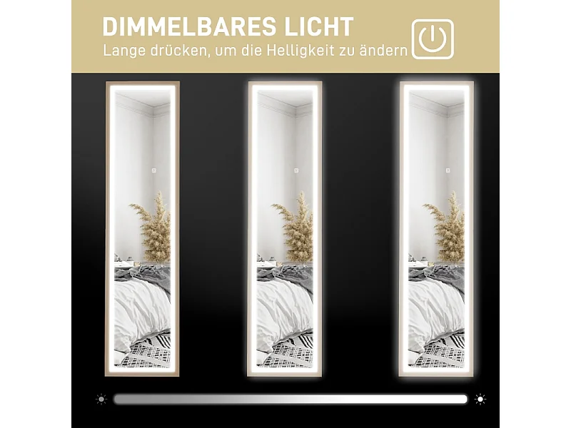 Miroir corporel avec LED, 3 couleurs de lumière, miroir mural avec commande tactile, miroir sur pied, chêne (40x5x160 cm)