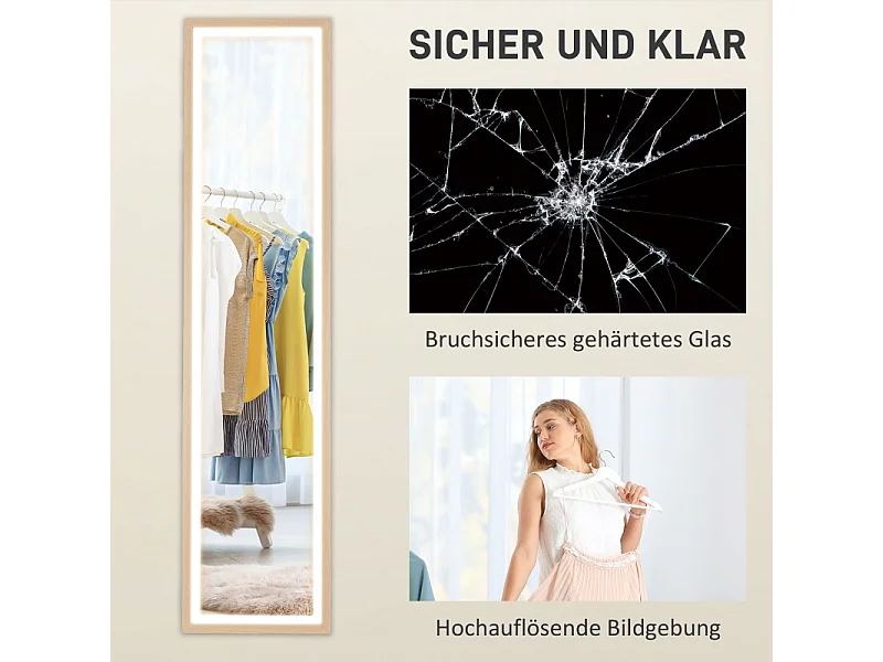 Miroir corporel avec LED, 3 couleurs de lumière, miroir mural avec commande tactile, miroir sur pied, chêne (40x5x160 cm)