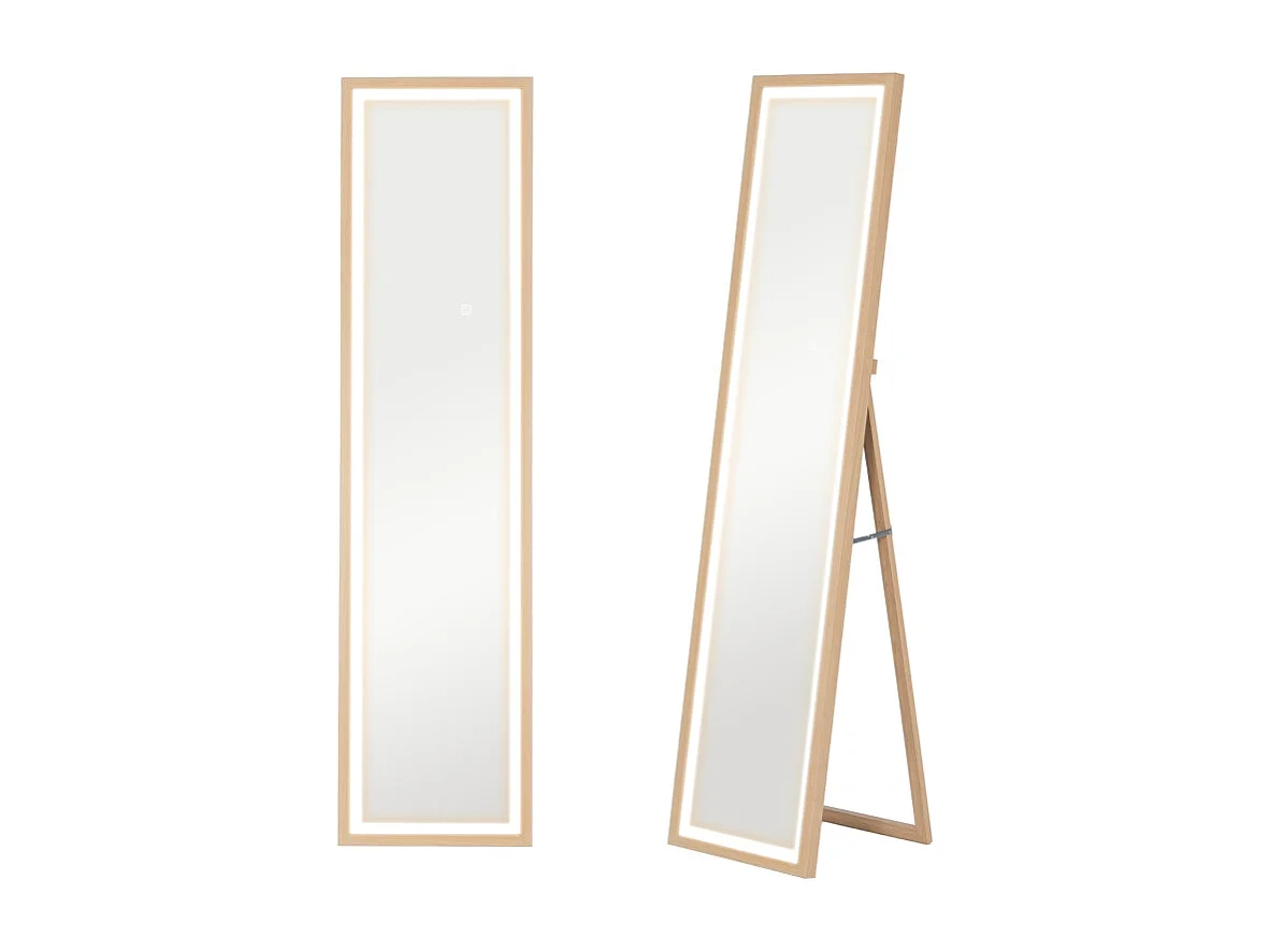 Miroir corporel avec LED, 3 couleurs de lumière, miroir mural avec commande tactile, miroir sur pied, chêne (40x5x160 cm)