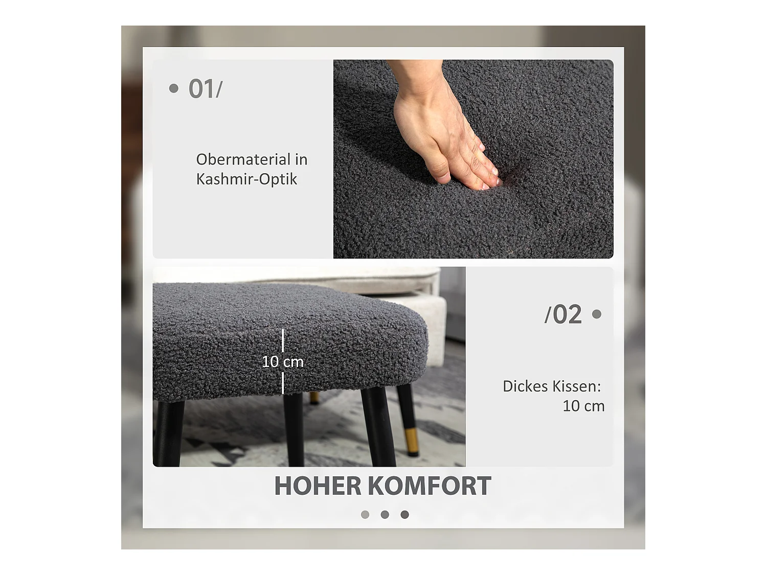 Pouf carré en tissu effet cachemire, pieds acier, gris foncé (42x42x47cm)