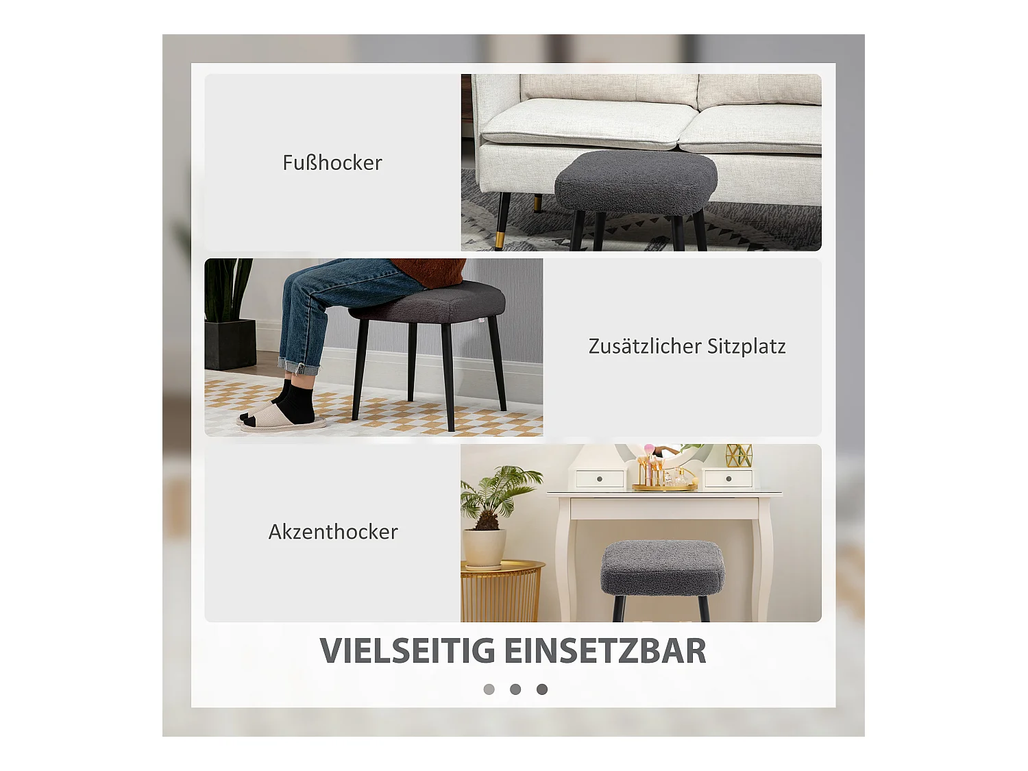 Pouf carré en tissu effet cachemire, pieds acier, gris foncé (42x42x47cm)