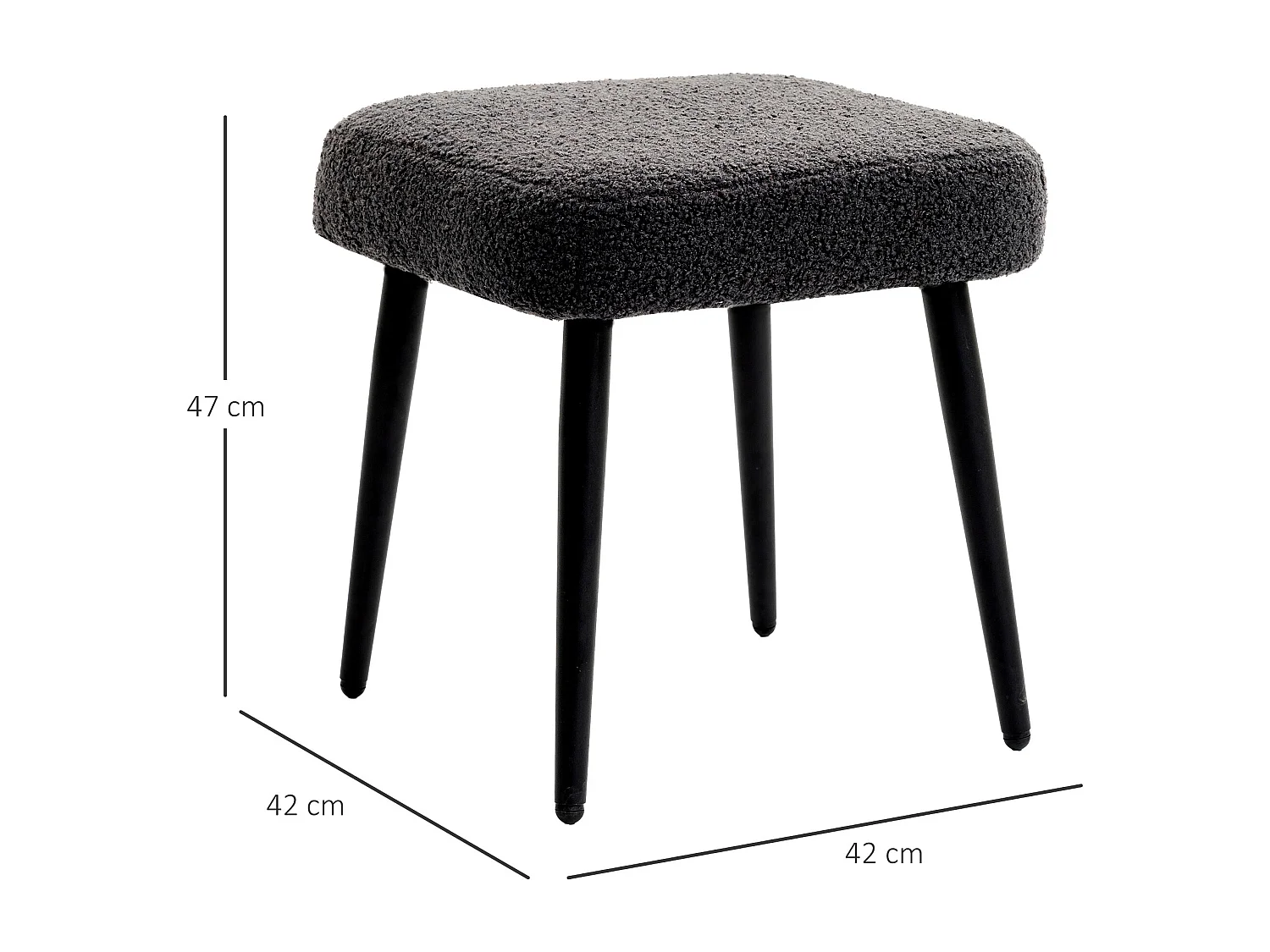 Pouf carré en tissu effet cachemire, pieds acier, gris foncé (42x42x47cm)