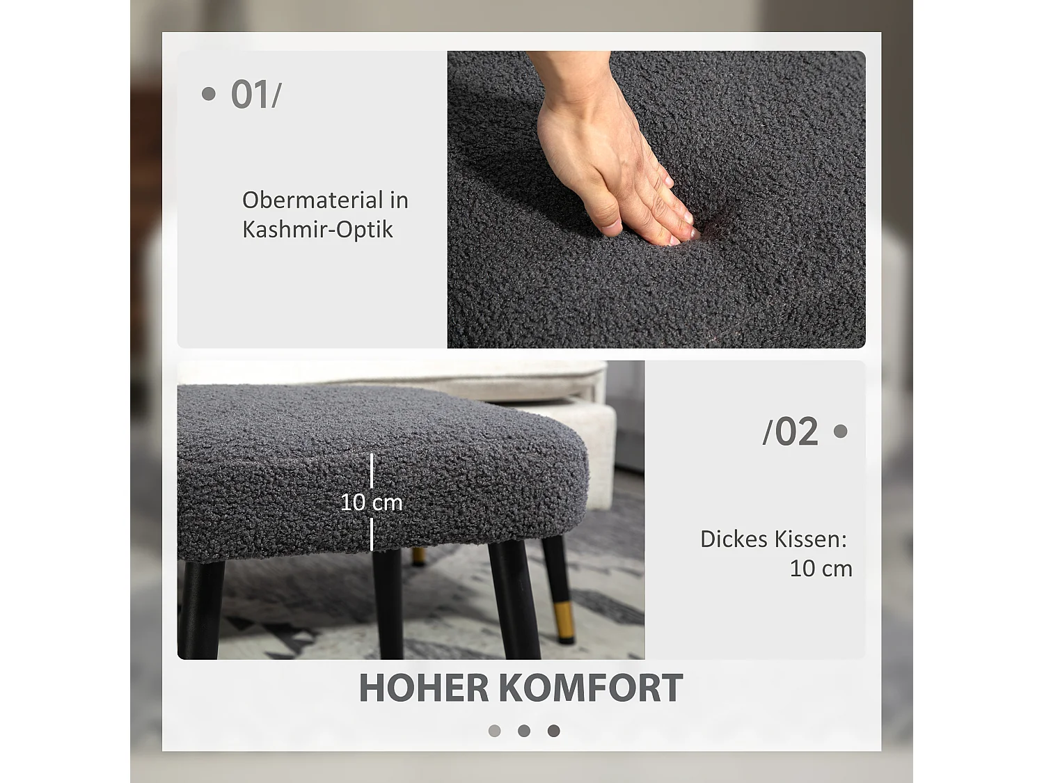 Pouf carré en tissu effet cachemire, pieds acier, gris foncé (42x42x47cm)