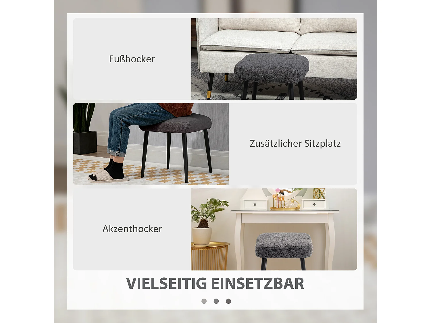 Pouf carré en tissu effet cachemire, pieds acier, gris foncé (42x42x47cm)