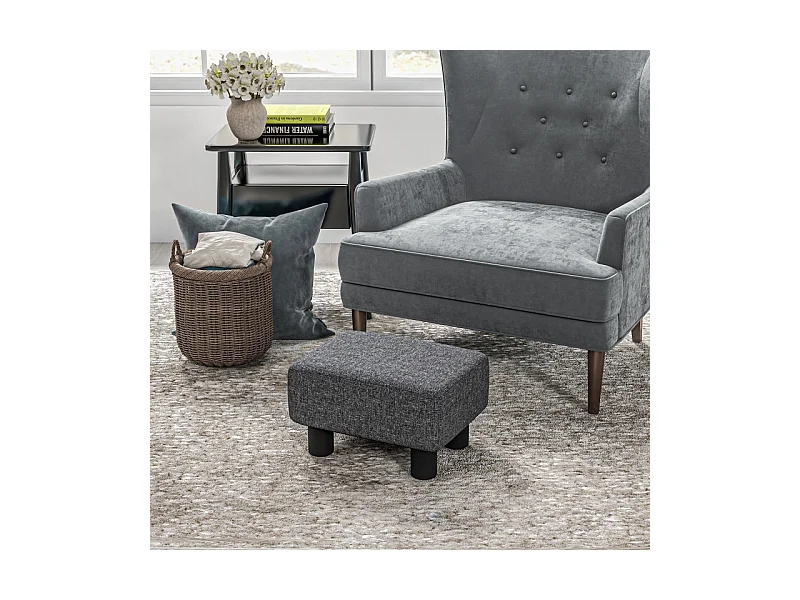 Moderner Pouf, Leinenbezug, Dekorativer Pouf mit Holzstruktur, Grau (40x30x24 cm)