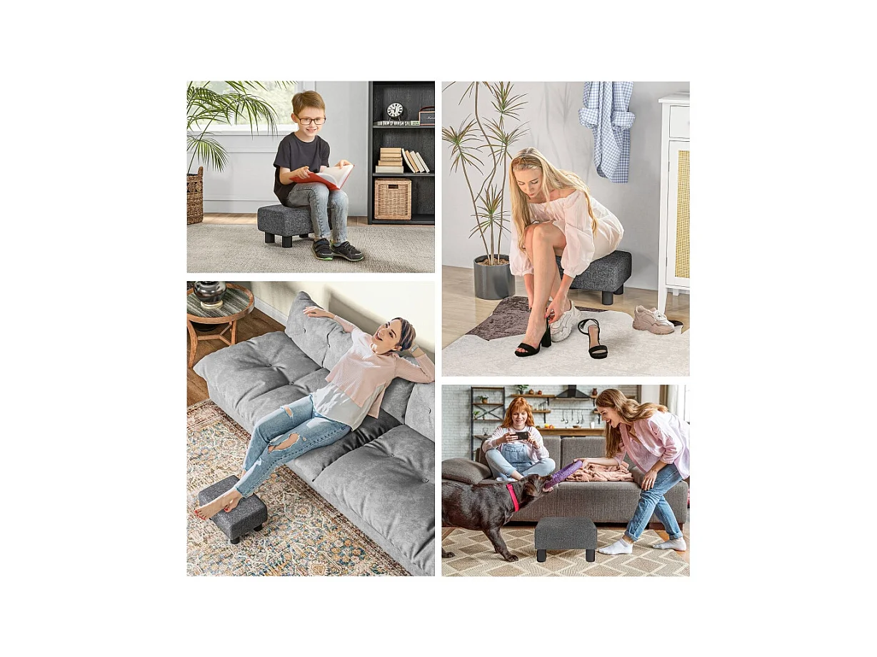 Moderner Pouf, Leinenbezug, Dekorativer Pouf mit Holzstruktur, Grau (40x30x24 cm)