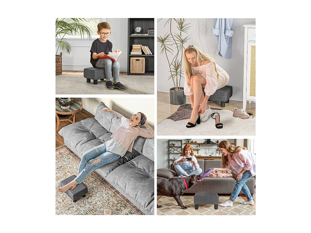 Moderner Pouf, Leinenbezug, Dekorativer Pouf mit Holzstruktur, Grau (40x30x24 cm)