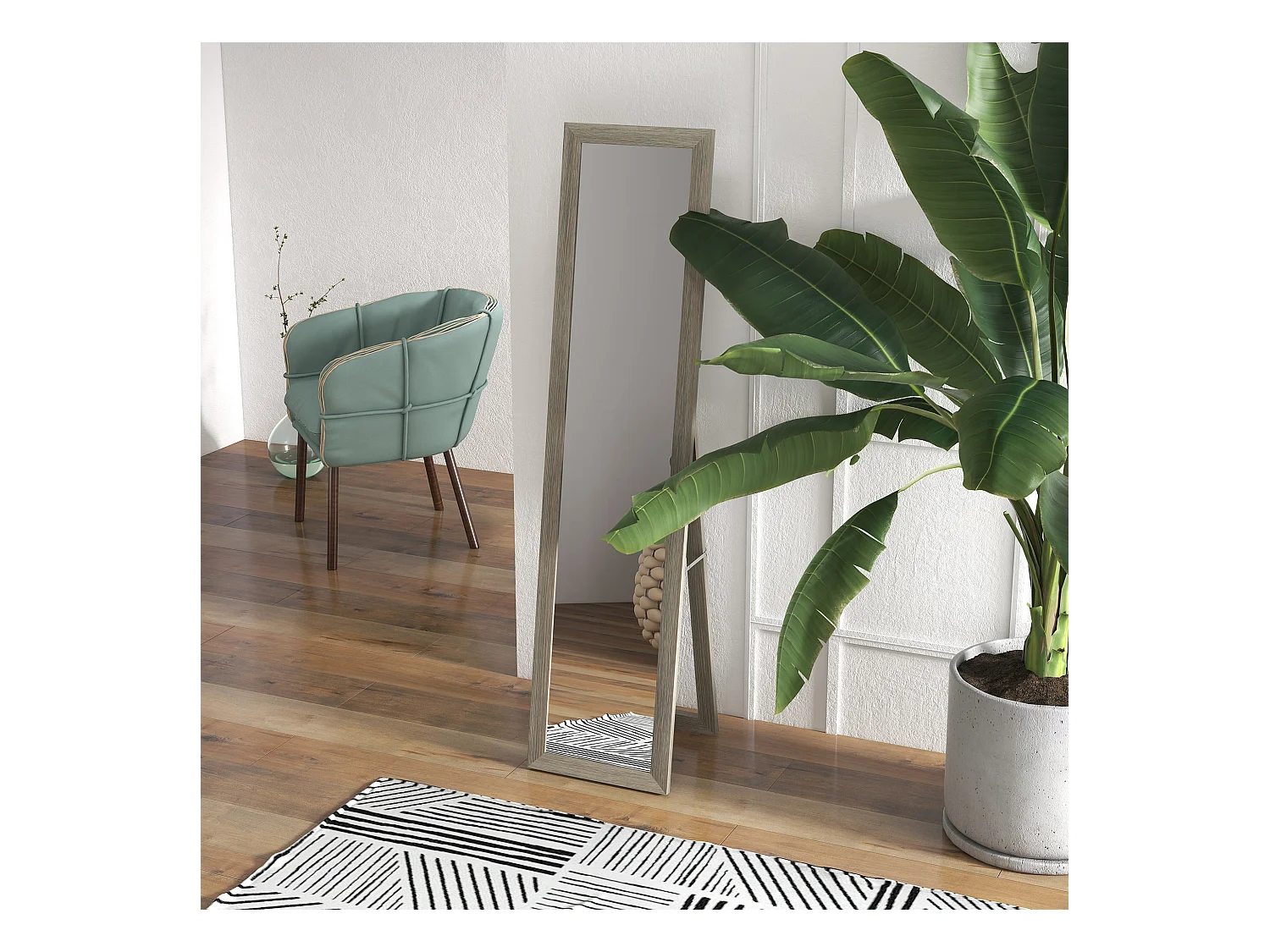 Staande spiegel op ware grootte, MDF-lijst met houtlook, aluminiumgrijs (37x40x155cm)