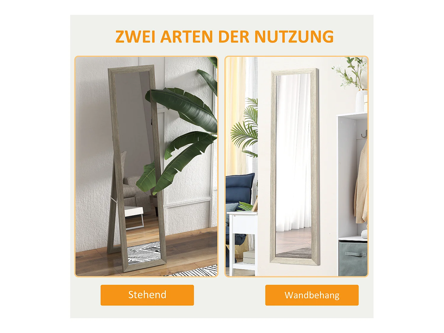 Staande spiegel op ware grootte, MDF-lijst met houtlook, aluminiumgrijs (37x40x155cm)