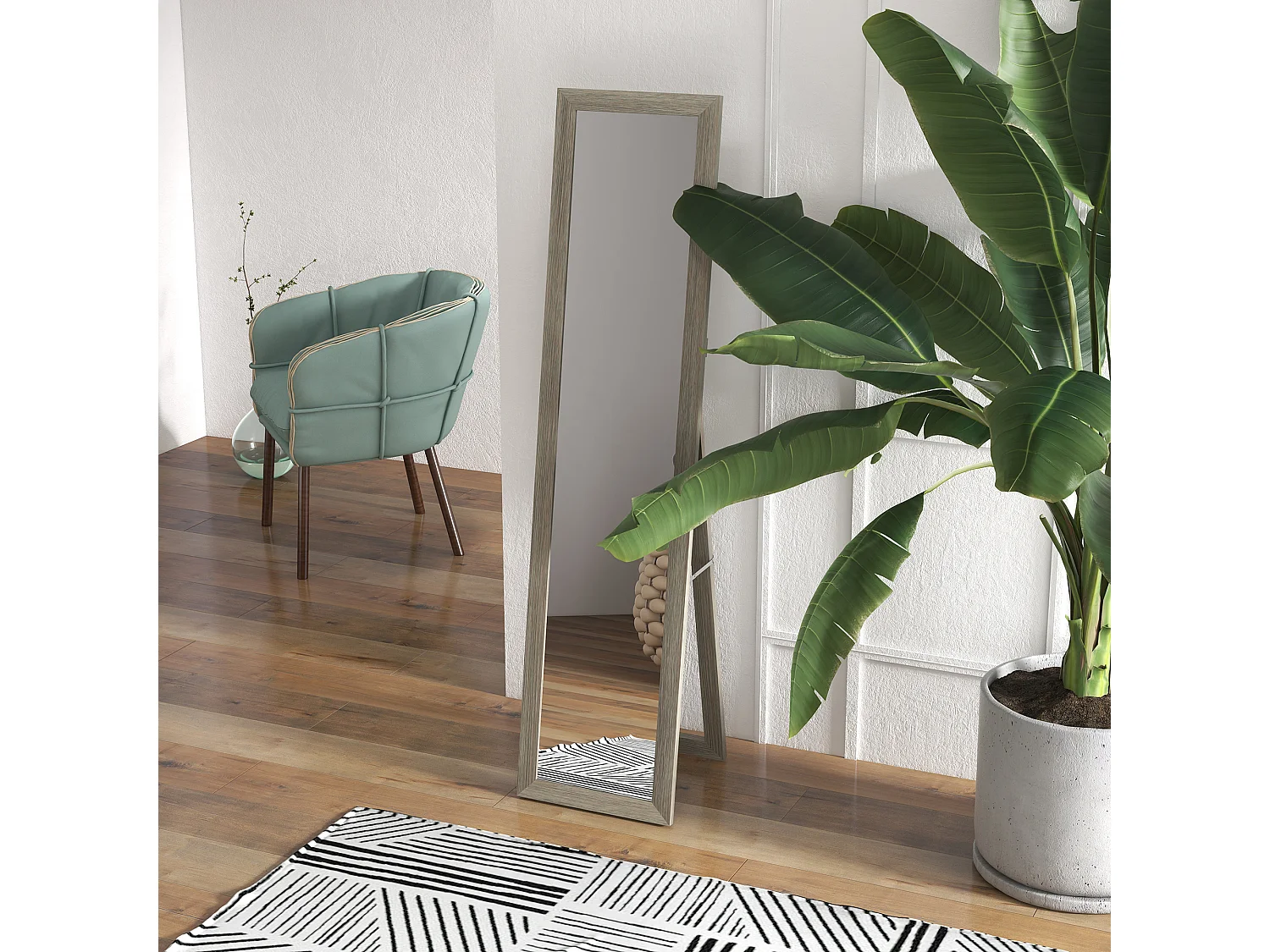 Miroir sur pied pleine longueur, cadre MDF effet bois, gris alu (37x40x155cm)