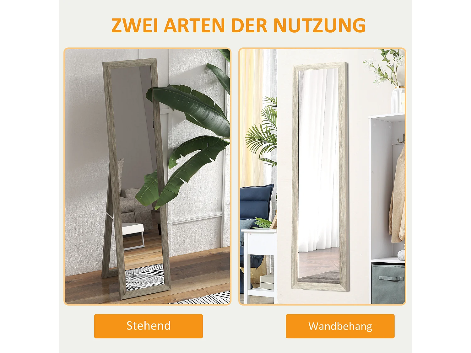 Miroir sur pied pleine longueur, cadre MDF effet bois, gris alu (37x40x155cm)