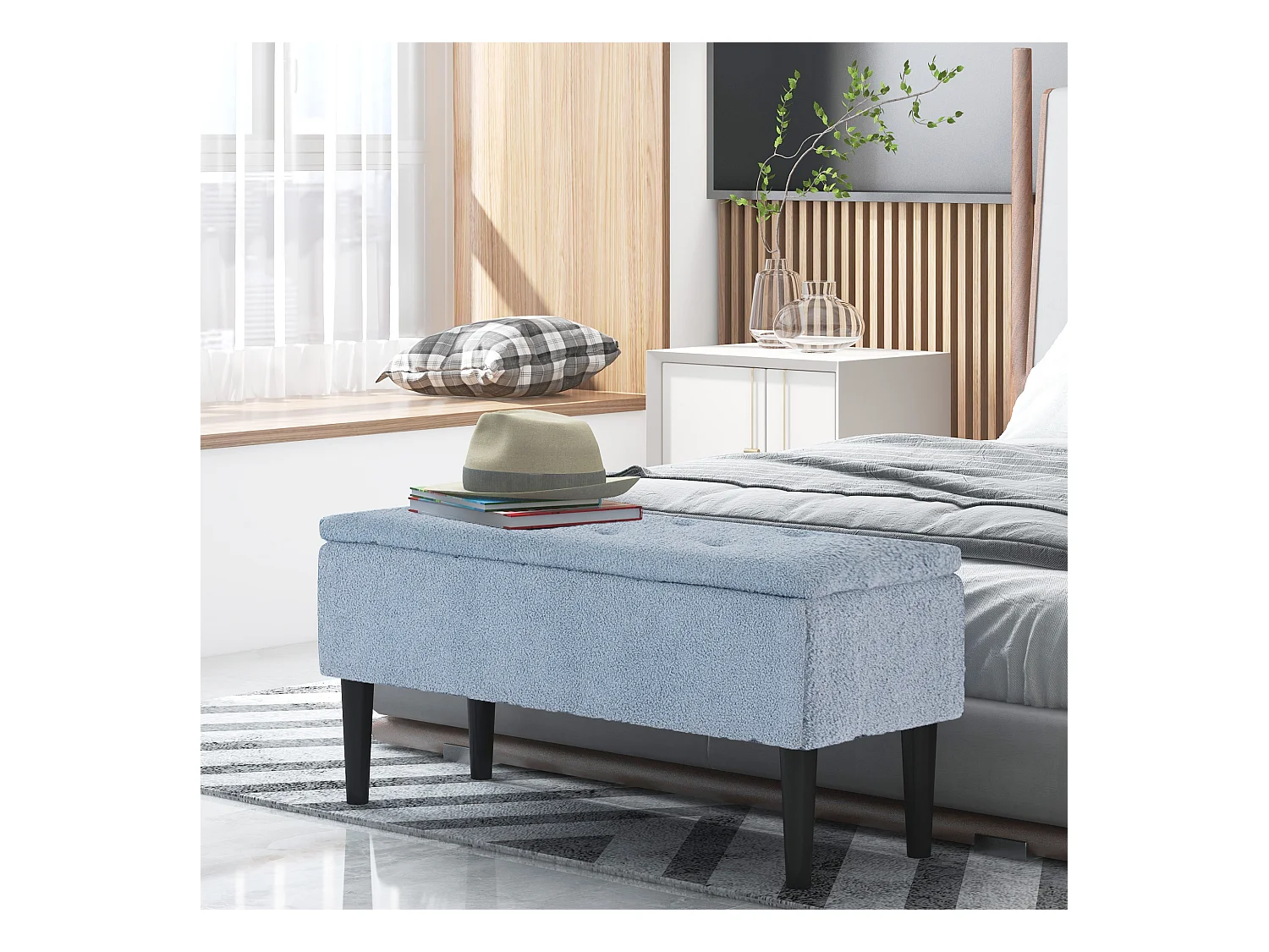 Banc de rangement avec couvercle rabattable, tissu, bleu, 95x38x45 cm