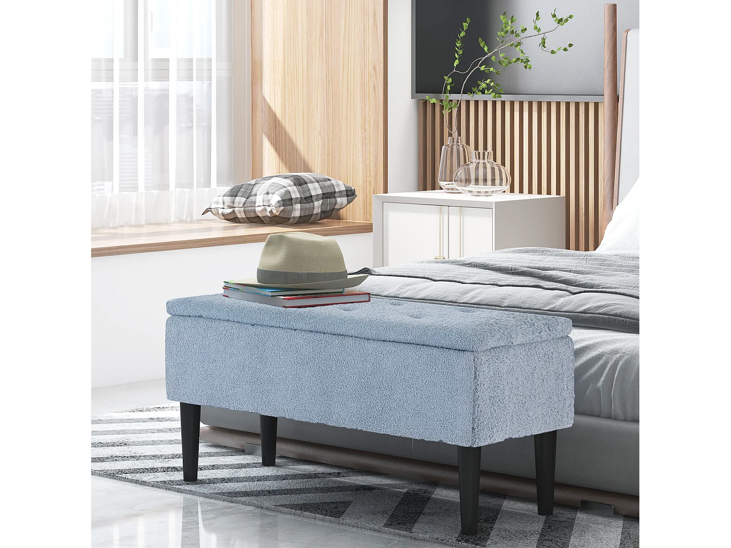 Banc de rangement avec couvercle rabattable, tissu, bleu, 95x38x45 cm
