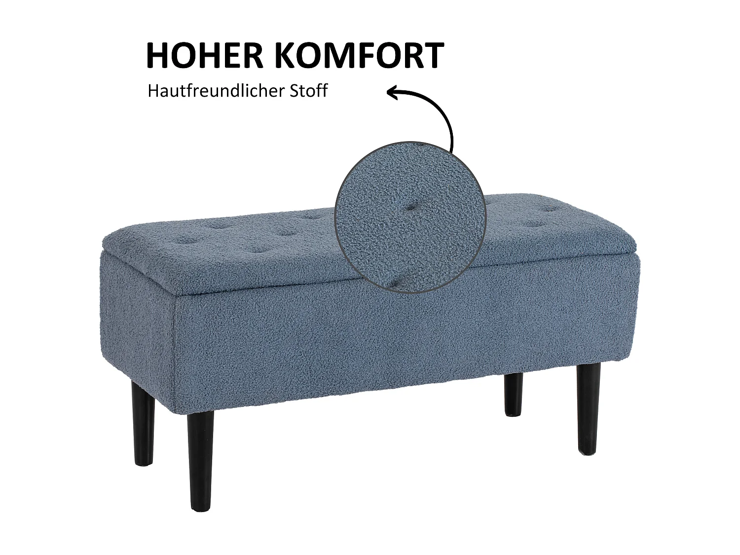 Banc de rangement avec couvercle rabattable, tissu, bleu, 95x38x45 cm