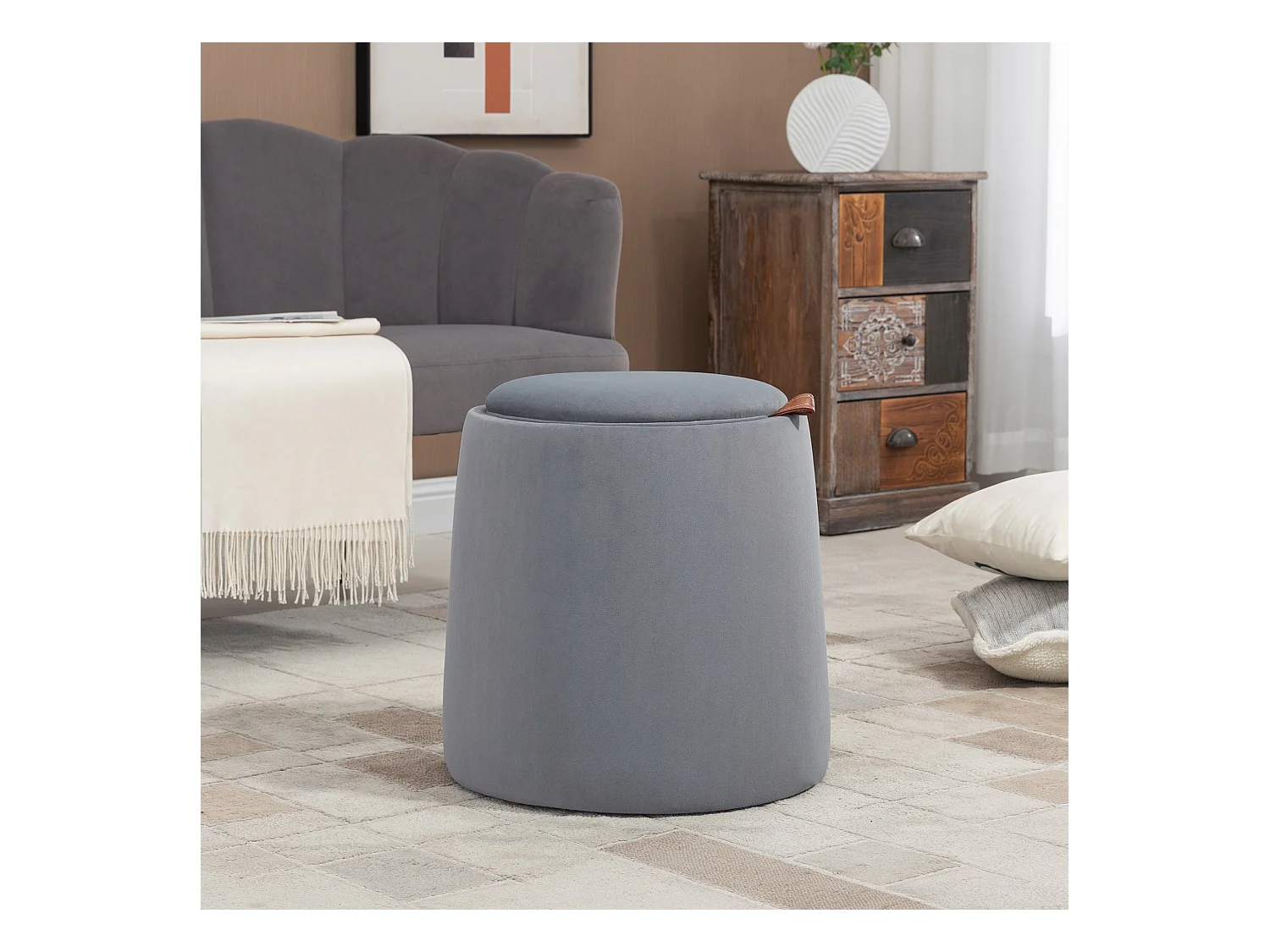 Pouf ottomane 2-en-1 rond avec rangement, tissu velours, gris (44x44x47.5cm)