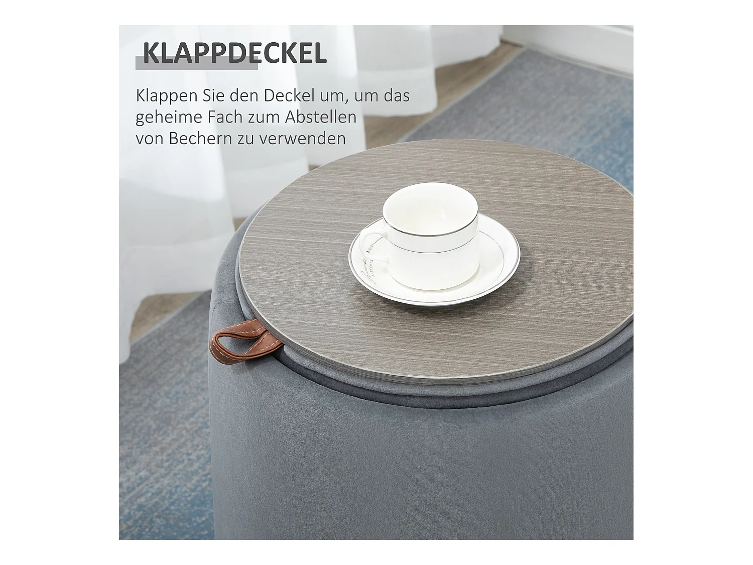 Pouf ottomane 2-en-1 rond avec rangement, tissu velours, gris (44x44x47.5cm)