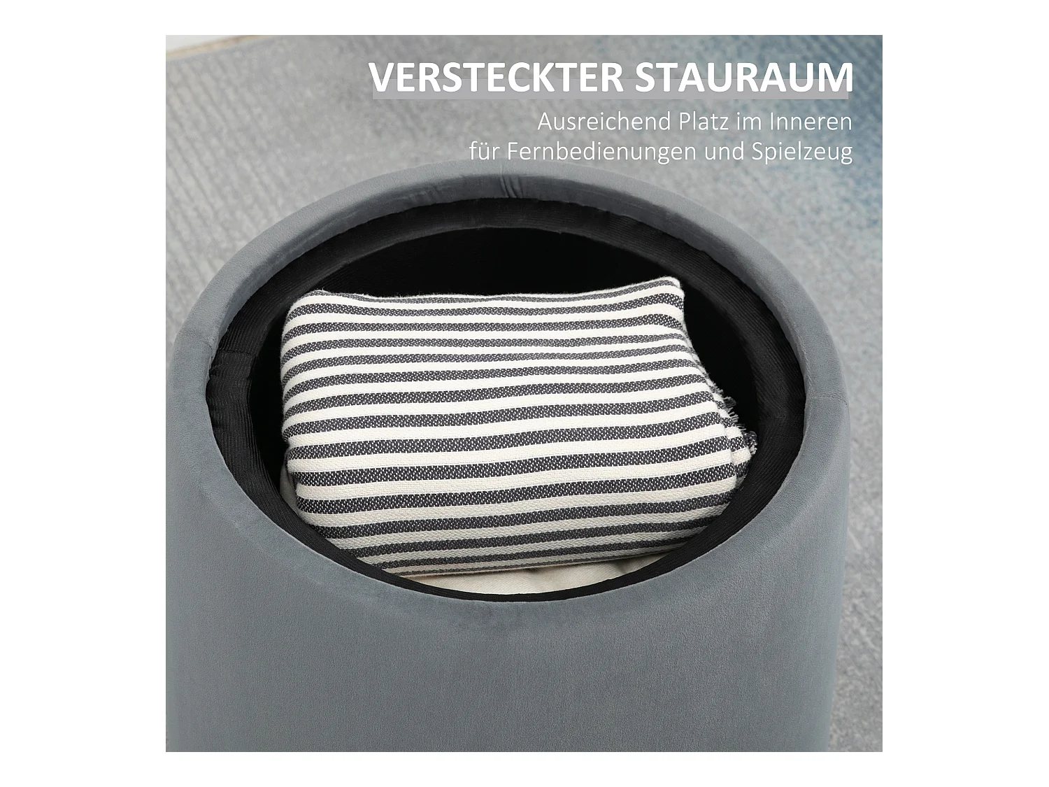 Pouf ottomane 2-en-1 rond avec rangement, tissu velours, gris (44x44x47.5cm)