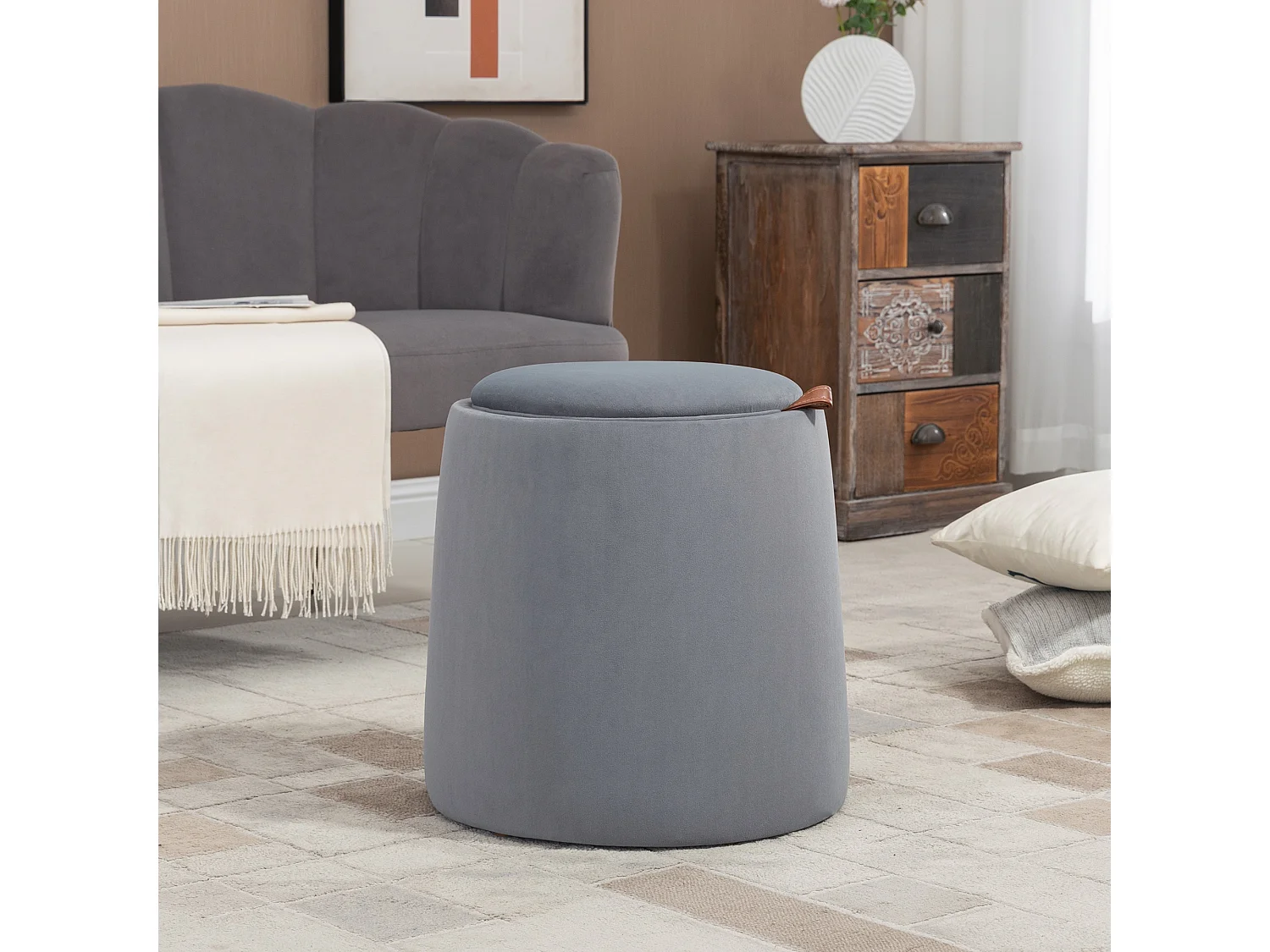 Pouf ottomane 2-en-1 rond avec rangement, tissu velours, gris (44x44x47.5cm)