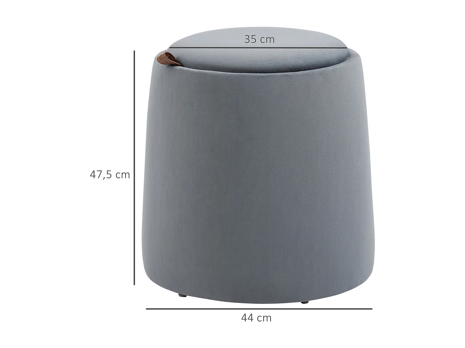 Pouf ottomane 2-en-1 rond avec rangement, tissu velours, gris (44x44x47.5cm)