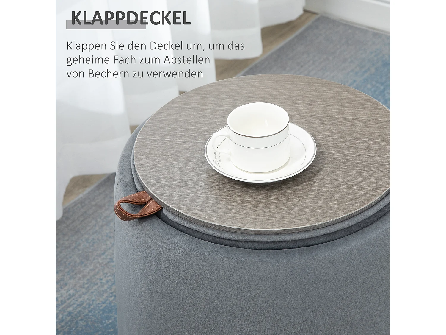 Pouf ottomane 2-en-1 rond avec rangement, tissu velours, gris (44x44x47.5cm)