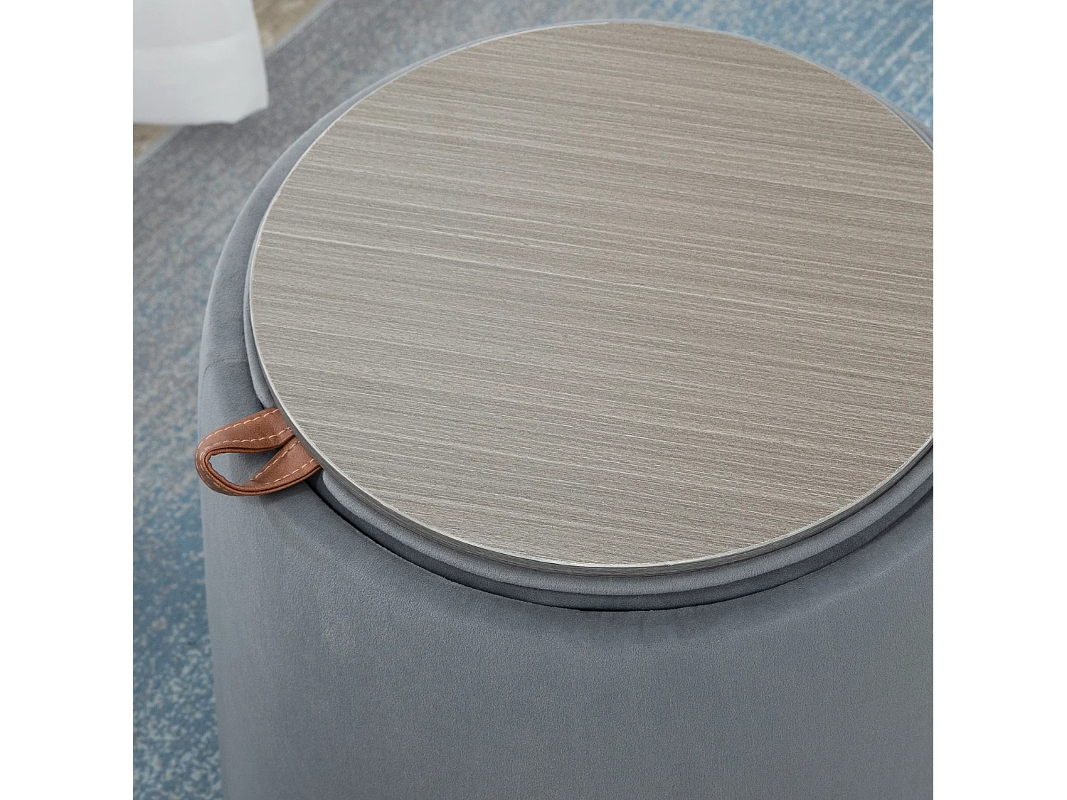 Pouf ottomane 2-en-1 rond avec rangement, tissu velours, gris (44x44x47.5cm)