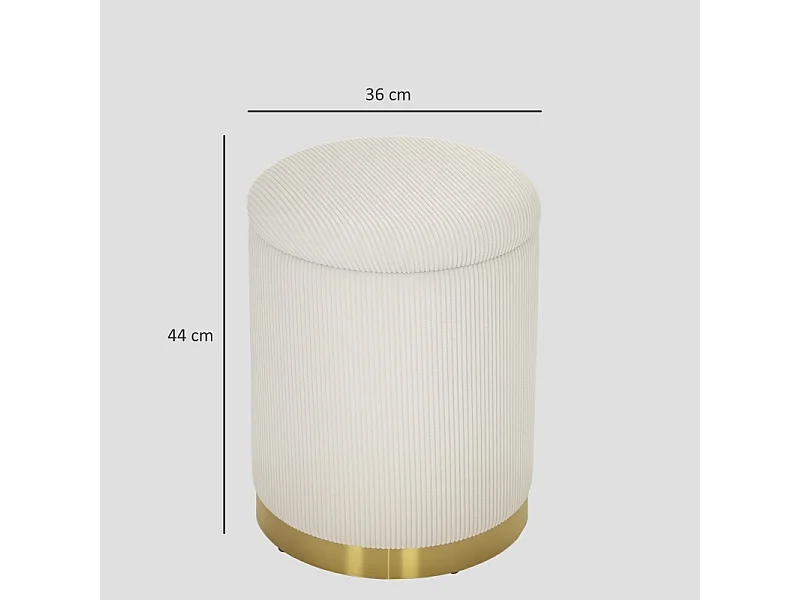 Pouf rond avec rangement, en velours côtelé, base en acier, crème (36x36x44 cm)
