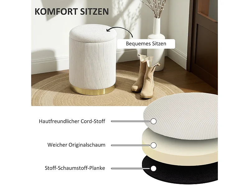 Pouf rond avec rangement, en velours côtelé, base en acier, crème (36x36x44 cm)