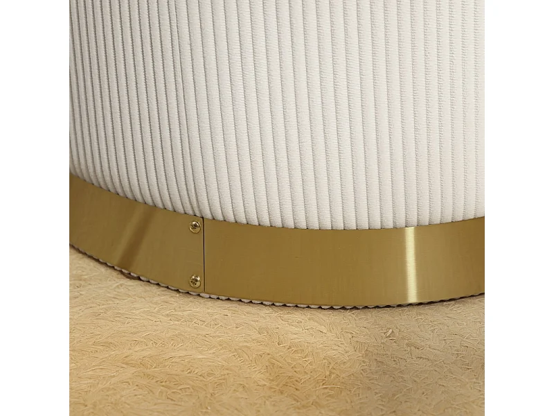 Pouf rond avec rangement, en velours côtelé, base en acier, crème (36x36x44 cm)