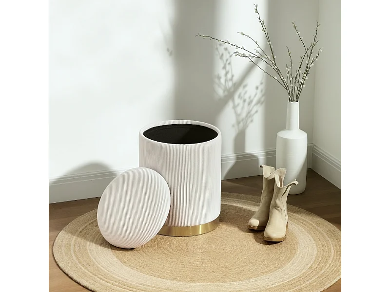 Pouf rond avec rangement, en velours côtelé, base en acier, crème (36x36x44 cm)