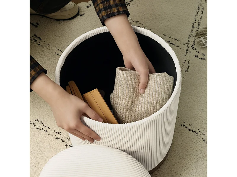 Pouf rond avec rangement, en velours côtelé, base en acier, crème (36x36x44 cm)