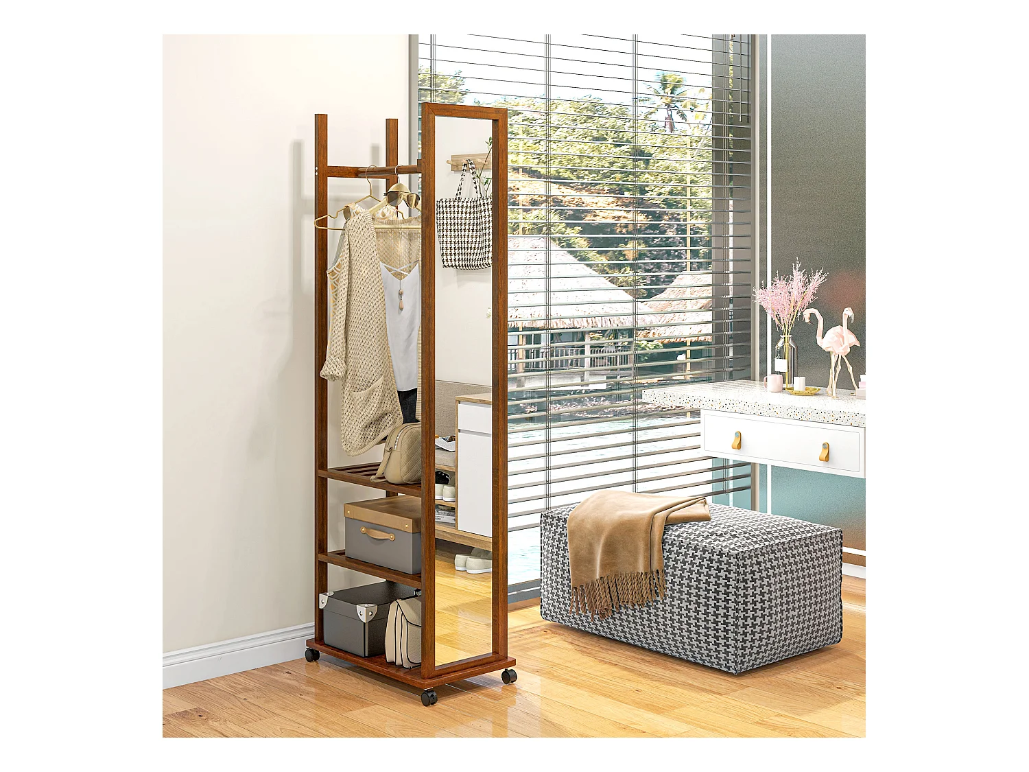 Miroir sur Pied avec Racks de Rangement, Métal, Noyer, 24.8x59.8x170 cm