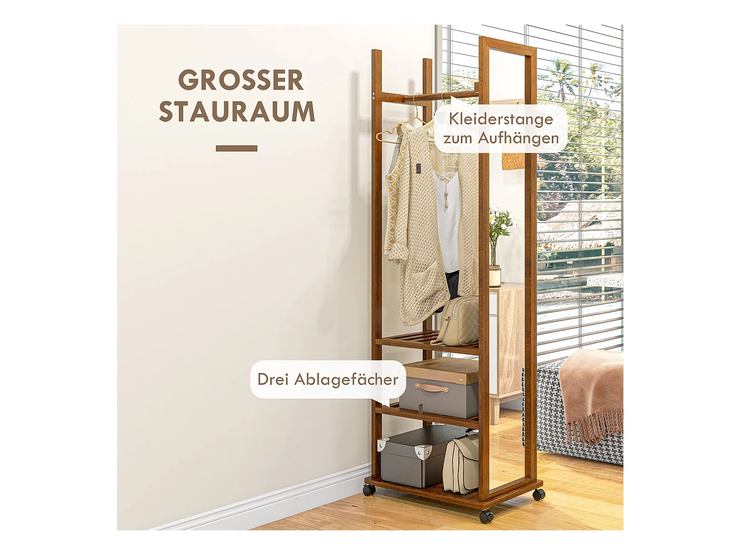 Miroir sur Pied avec Racks de Rangement, Métal, Noyer, 24.8x59.8x170 cm