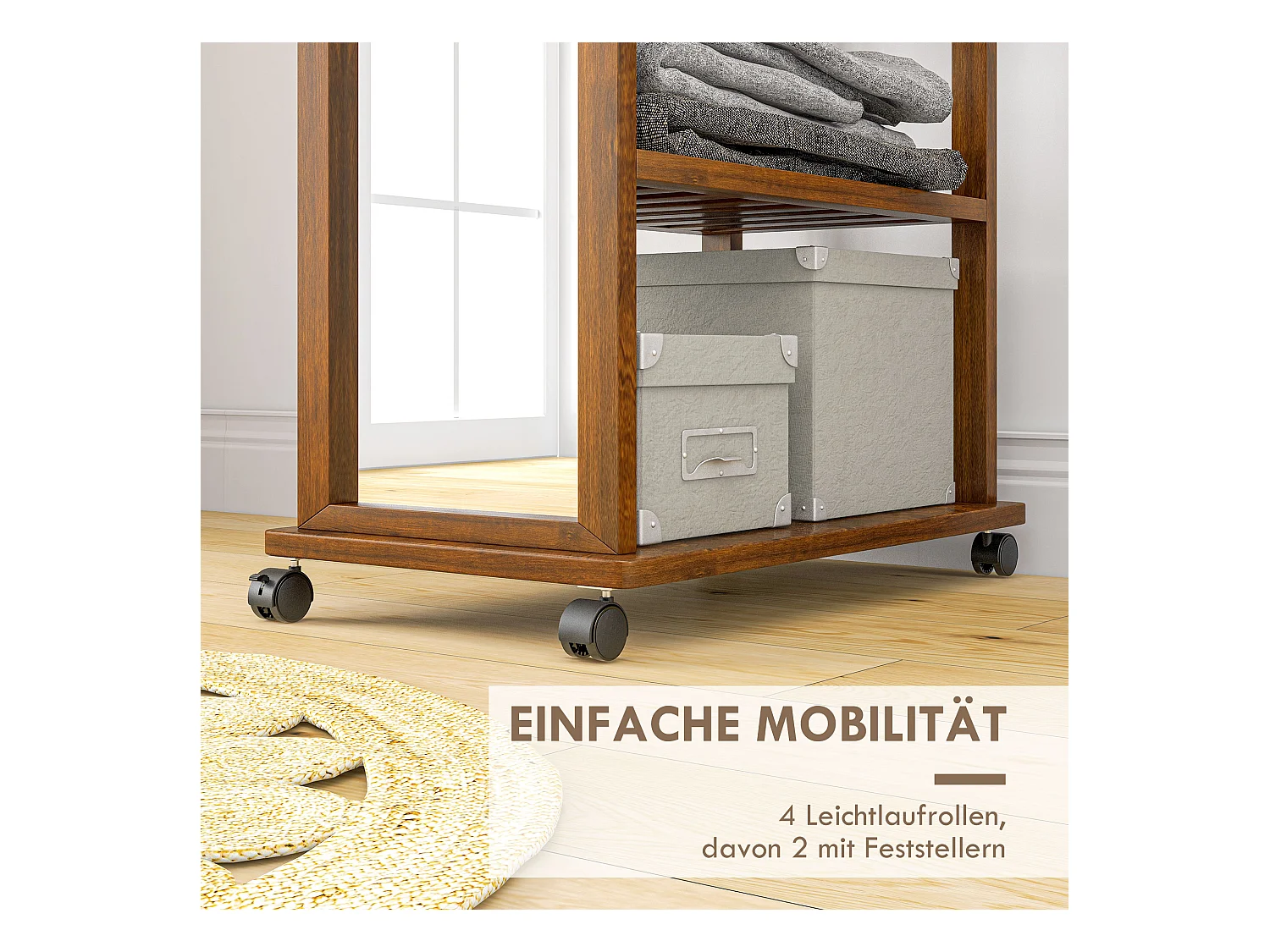 Miroir sur Pied avec Racks de Rangement, Métal, Noyer, 24.8x59.8x170 cm