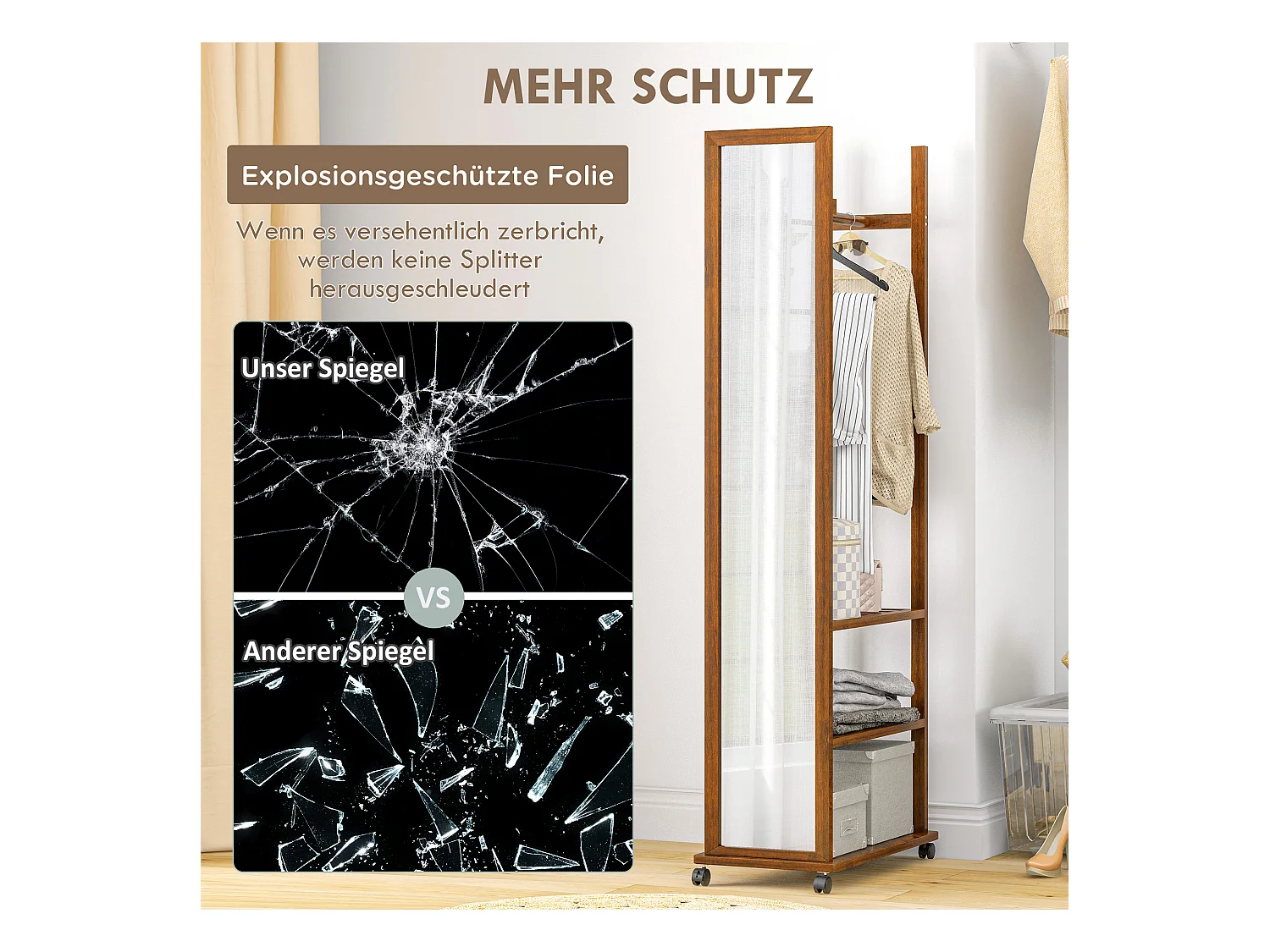 Miroir sur Pied avec Racks de Rangement, Métal, Noyer, 24.8x59.8x170 cm