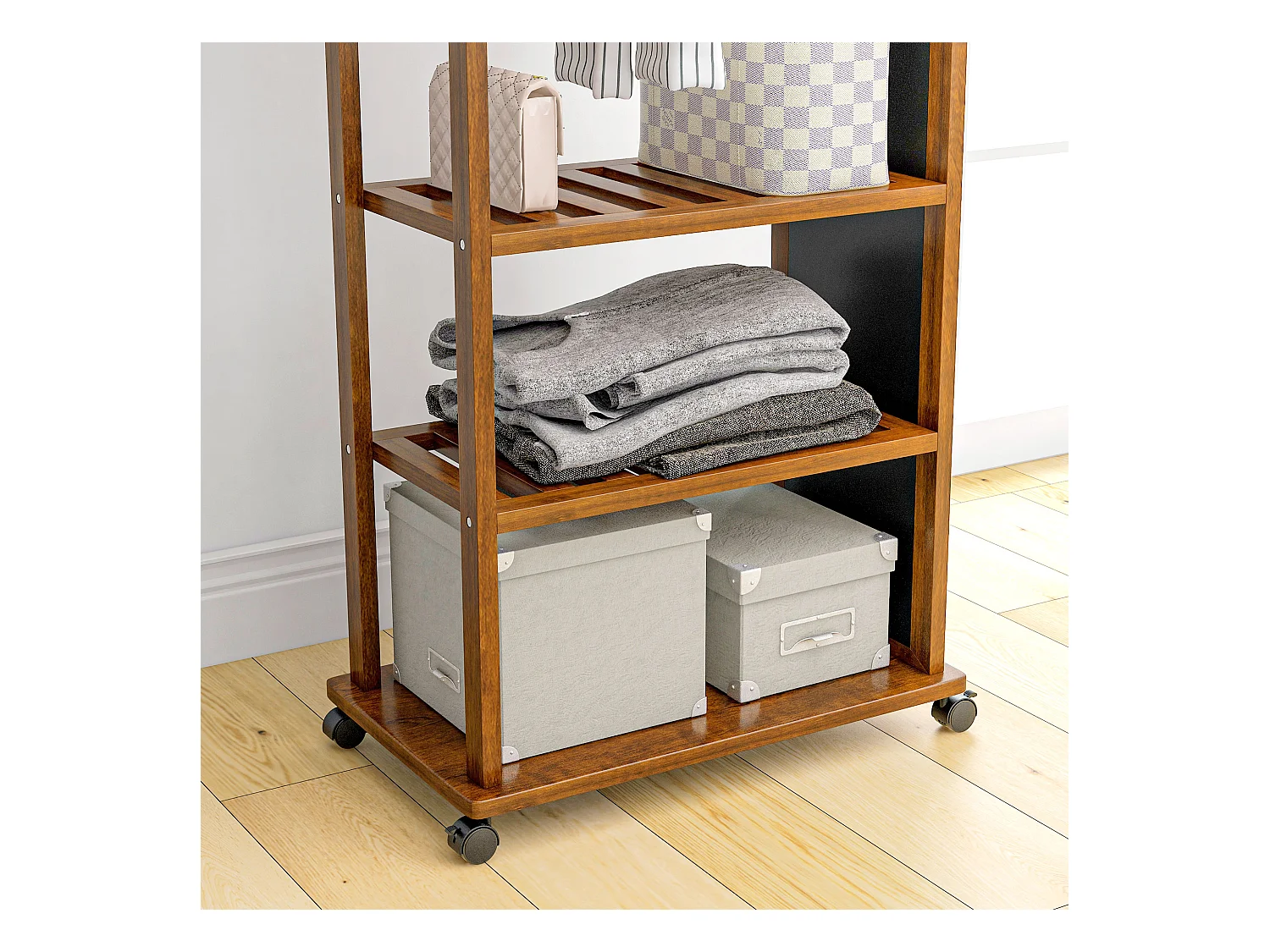 Miroir sur Pied avec Racks de Rangement, Métal, Noyer, 24.8x59.8x170 cm