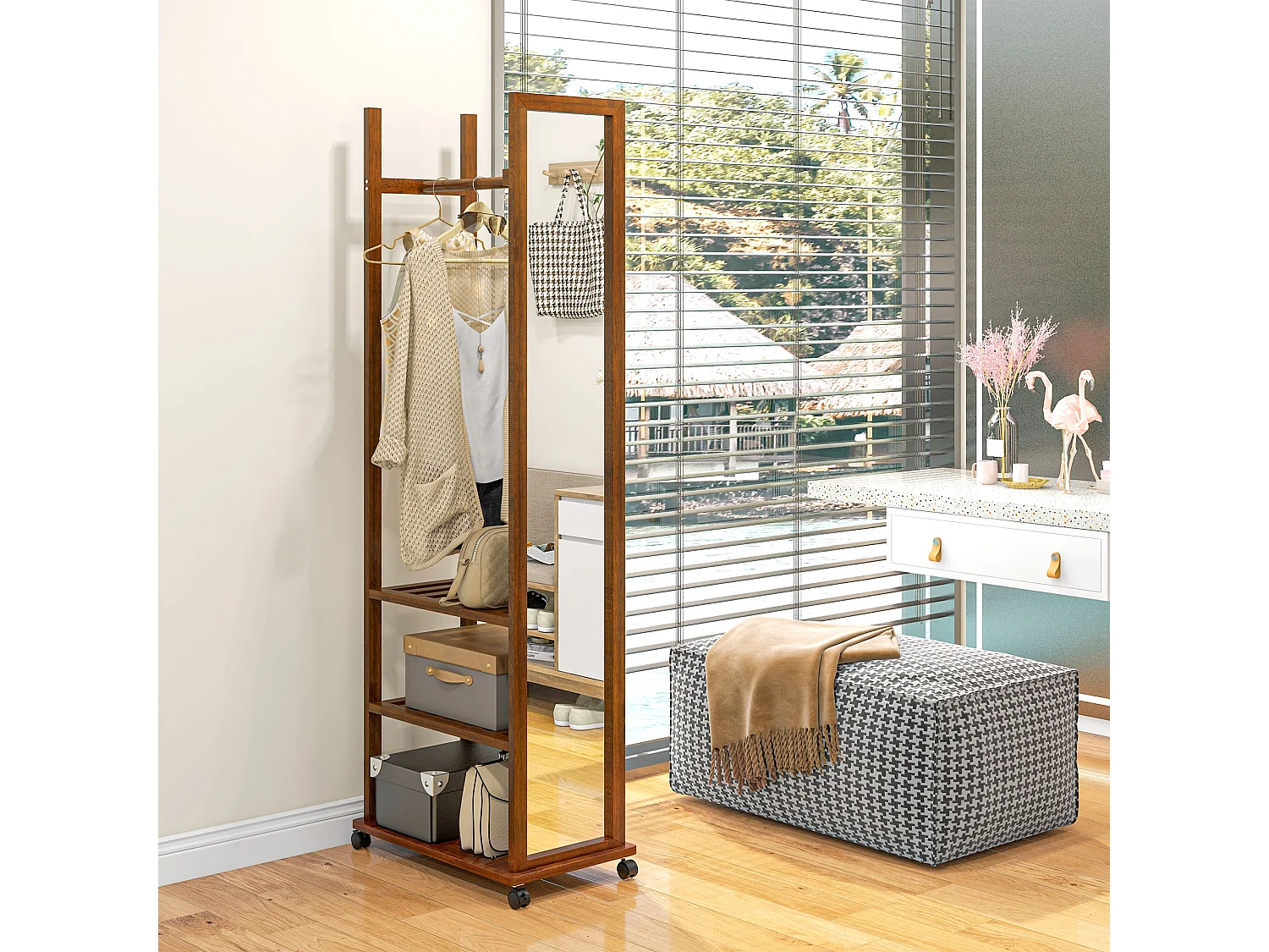 Specchio da terra con ripiani portaoggetti, metallo, noce, 24,8x59,8x170 cm