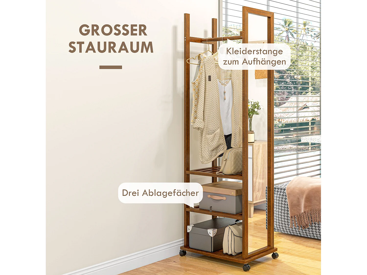 Specchio da terra con ripiani portaoggetti, metallo, noce, 24,8x59,8x170 cm