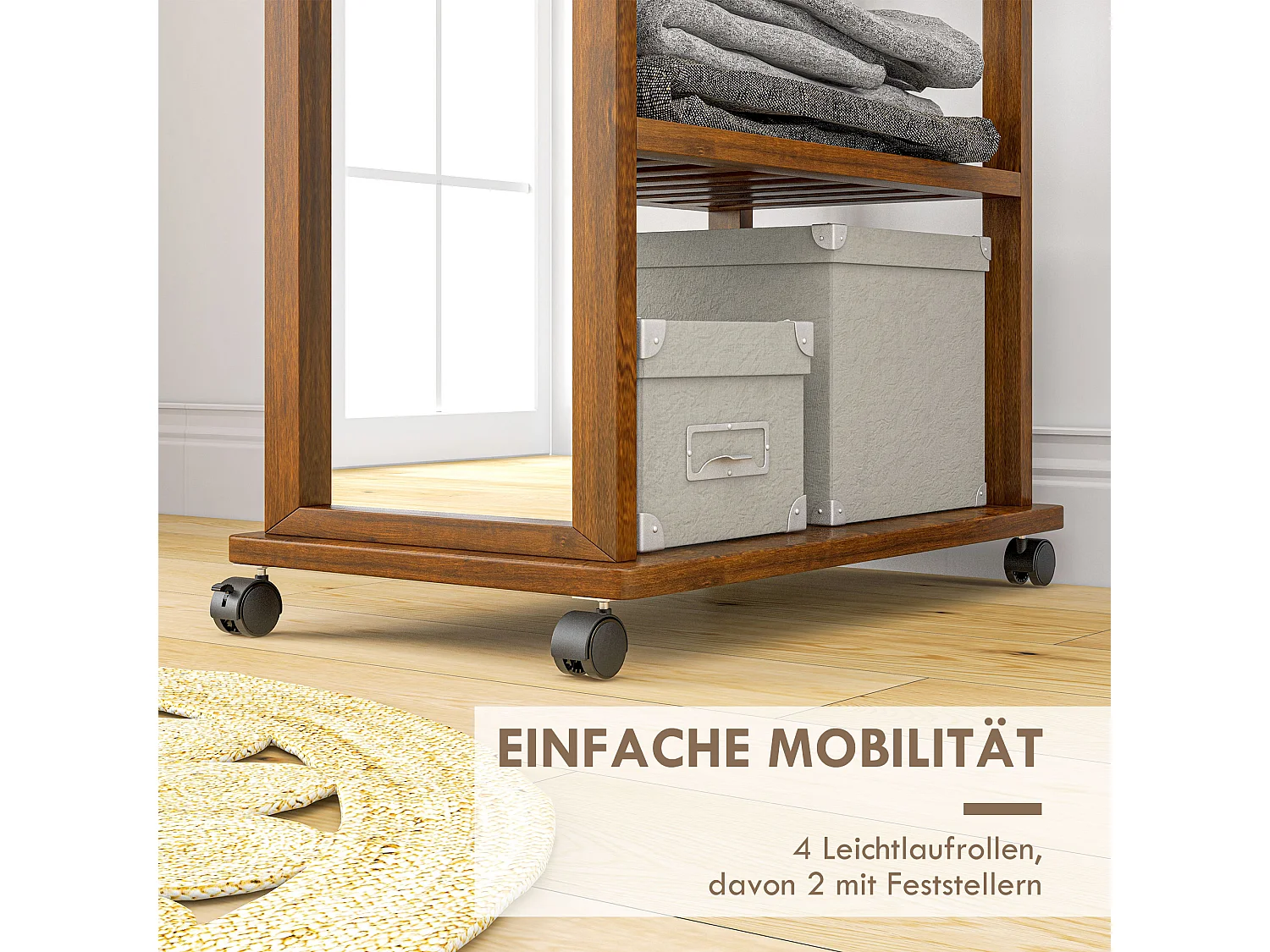 Specchio da terra con ripiani portaoggetti, metallo, noce, 24,8x59,8x170 cm