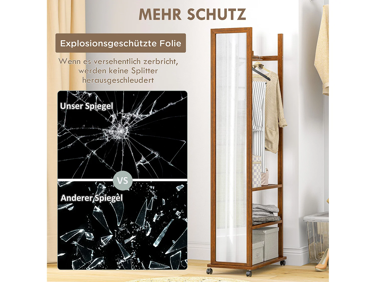 Specchio da terra con ripiani portaoggetti, metallo, noce, 24,8x59,8x170 cm