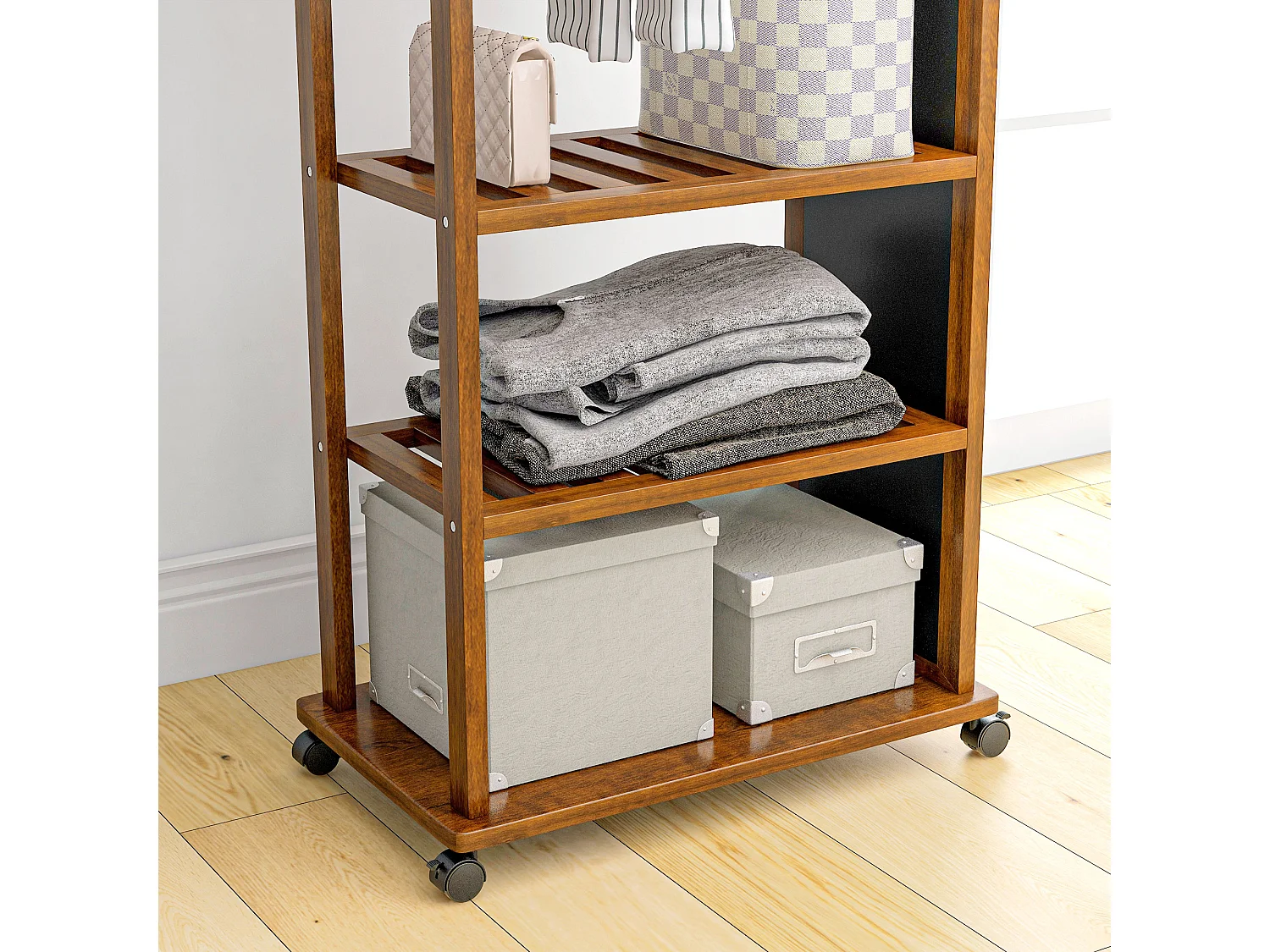 Specchio da terra con ripiani portaoggetti, metallo, noce, 24,8x59,8x170 cm