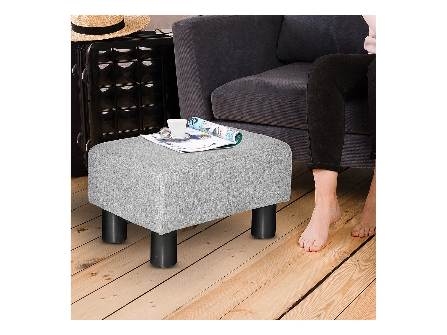 Pouf rectangulaire en lin, robuste et confortable, gris (40x30x24cm)