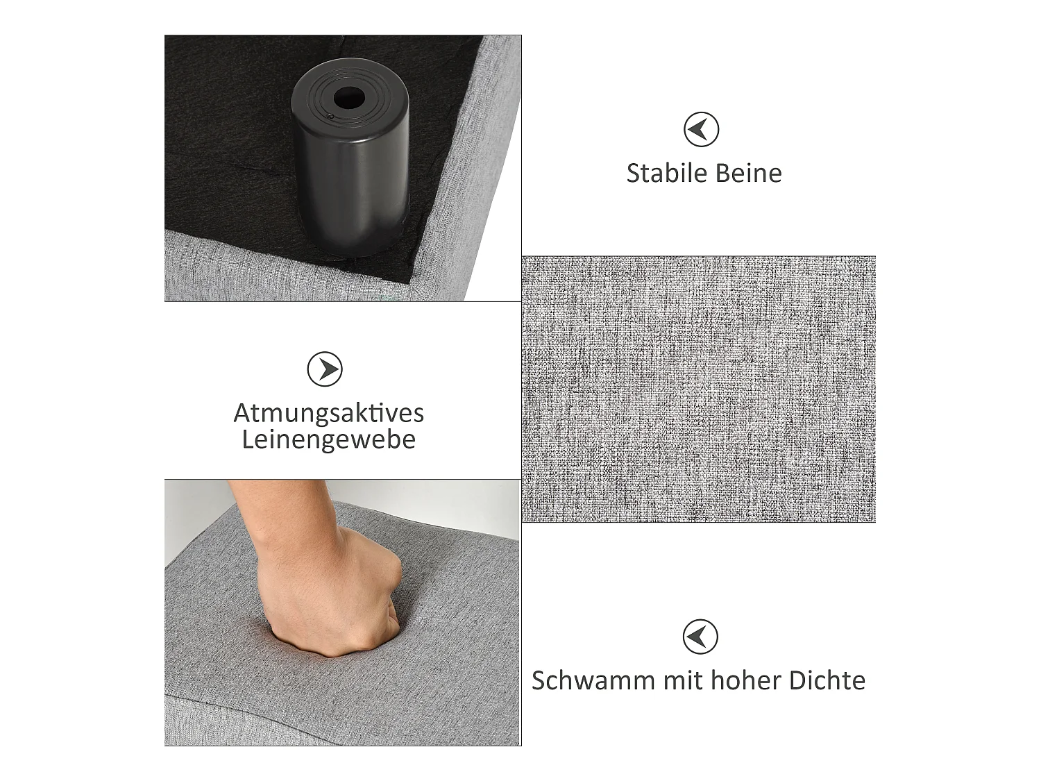 Pouf rectangulaire en lin, robuste et confortable, gris (40x30x24cm)