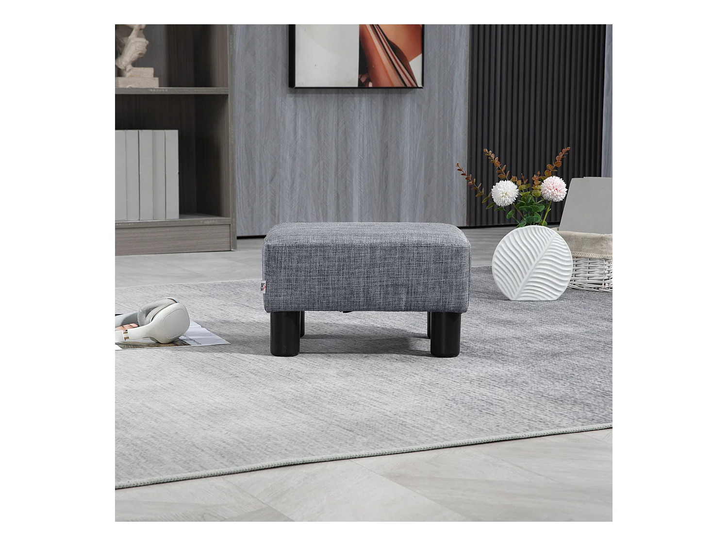 Pouf rectangulaire en lin, robuste et confortable, gris (40x30x24cm)