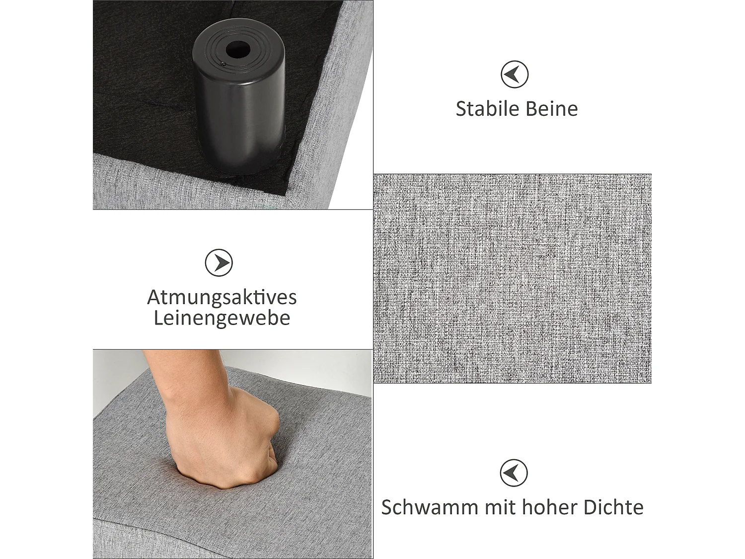 Pouf rectangulaire en lin, robuste et confortable, gris (40x30x24cm)