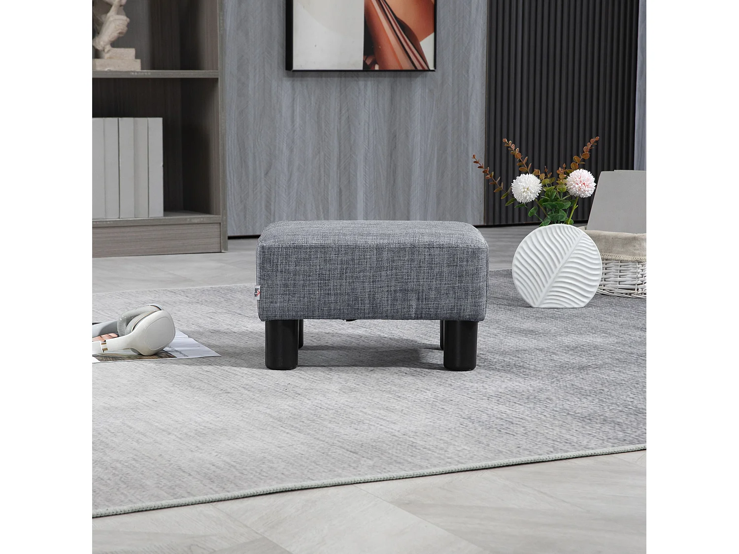 Pouf rectangulaire en lin, robuste et confortable, gris (40x30x24cm)