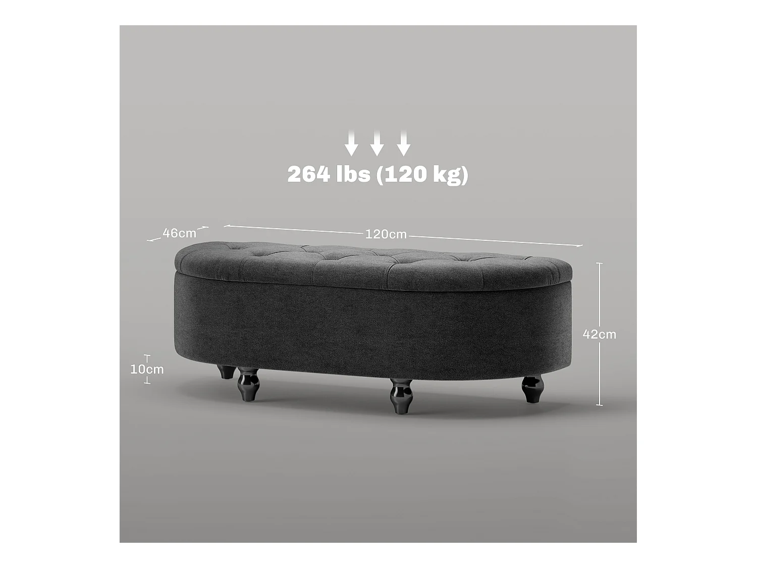 Banc de rangement velours, bois de gomme, gris foncé, confortable et élégant (120x46x42cm)