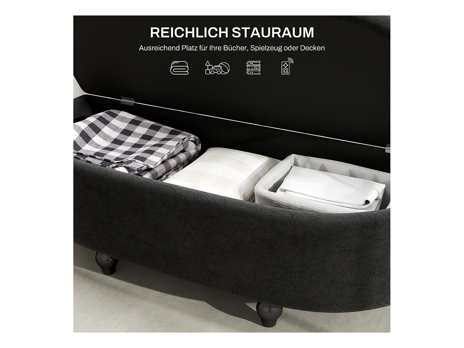 Banc de rangement velours, bois de gomme, gris foncé, confortable et élégant (120x46x42cm)