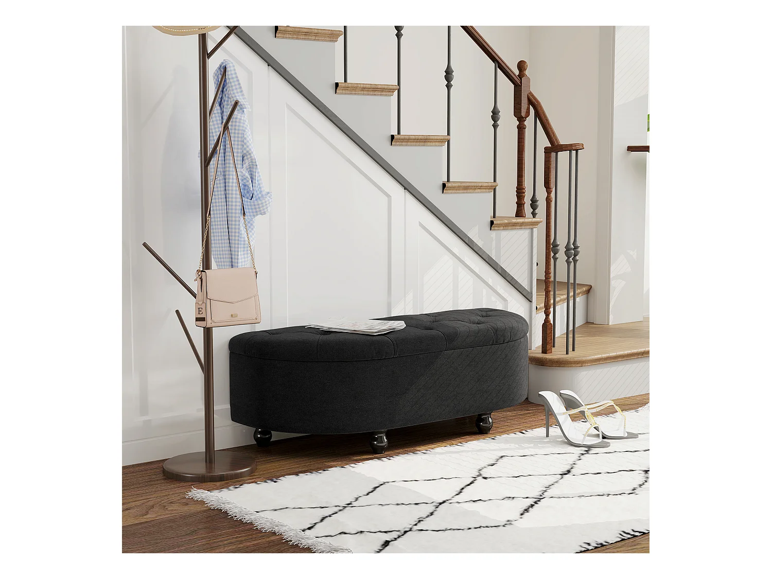 Banc de rangement velours, bois de gomme, gris foncé, confortable et élégant (120x46x42cm)